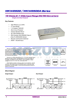 MKW2522A datasheet - 15 Watts 2 :1 Wide Input Range DC/DC Converters