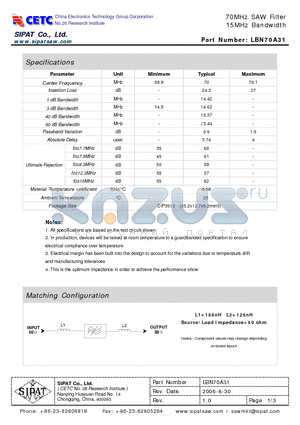 LBN70A31 datasheet - 70MHz SAW Filter 15MHz Bandwidth