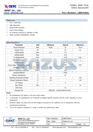 LBN70A49 datasheet - 70MHz SAW Filter 5MHz Bandwidth