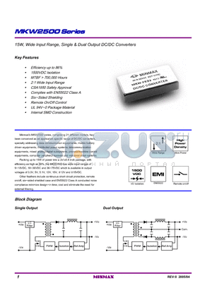 MKW2536 datasheet - 15W, Wide Input Range, Single & Dual Output DC/DC Converters