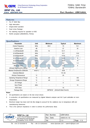 LBN70A59 datasheet - 70MHz SAW Filter 10MHz Bandwidth