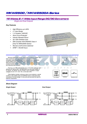 MKW2537A datasheet - 15 Watts 2 :1 Wide Input Range DC/DC Converters