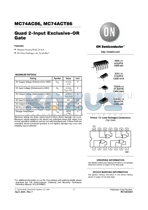 MC74AC86DR2G datasheet - QUAD 2-INPUT EXCLUSIVE-OR GATE