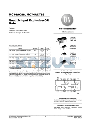 MC74AC86DR2G datasheet - Quad 2−Input Exclusive−OR Gate