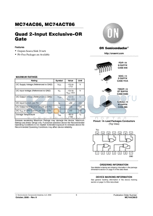 MC74AC86NG datasheet - Quad 2−Input Exclusive−OR Gate