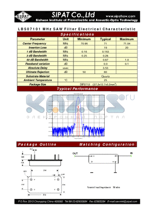LBS07101 datasheet - SAW Filter Electrical Characteristic