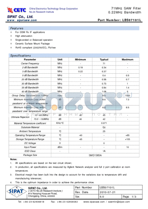 LBS07101L_10 datasheet - 71MHz SAW Filter 0.22MHz Bandwidth