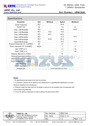 LBS07096 datasheet - 69.99MHz SAW Filter 1.26MHz Bandwidth