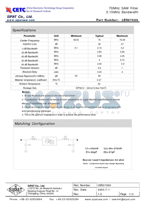 LBS07099 datasheet - 70MHz SAW Filter 3.15MHz Bandwidth