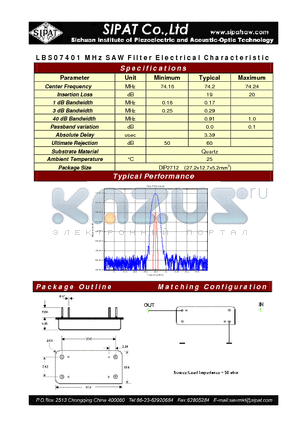 LBS07401 datasheet - SAW Filter Electrical Characteristic
