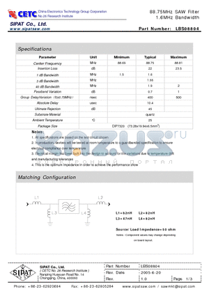 LBS08804 datasheet - 88.75MHz SAW Filter 1.6MHz Bandwidth