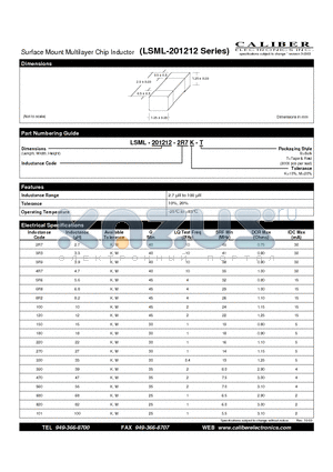 LSML-201212 datasheet - Surface Mount Multilayer Chip Inductor