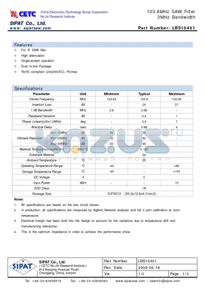 LBS10401 datasheet - 103.8MHz SAW Filter 3MHz Bandwidth