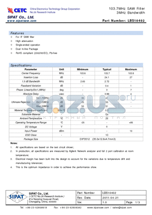 LBS10402 datasheet - 103.7MHz SAW Filter 3MHz Bandwidth