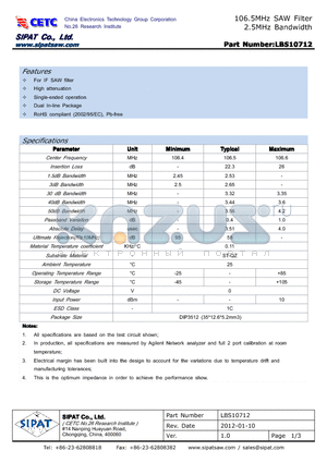 LBS10712 datasheet - 106.5MHz SAW Filter 2.5MHz Bandwidth