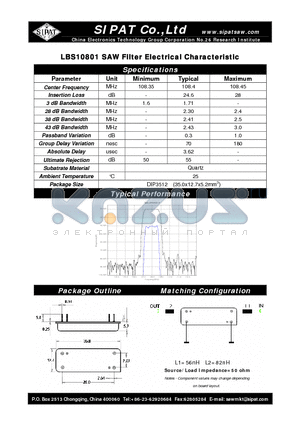 LBS10801 datasheet - SAW Filter Electrical Characteristic
