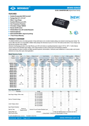 MKW50-12S15 datasheet - DC/DC CONVERTER 50W, Highest Power Density