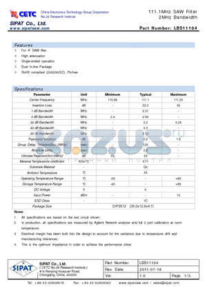 LBS11104 datasheet - 111.1MHz SAW Filter 2MHz Bandwidth