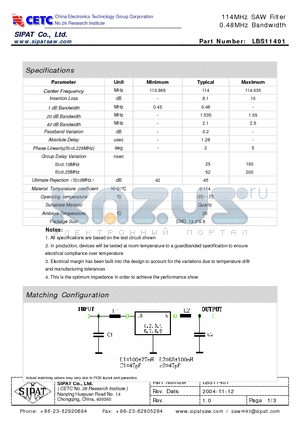 LBS11401 datasheet - 114MHz SAW Filter 0.48MHz Bandwidth