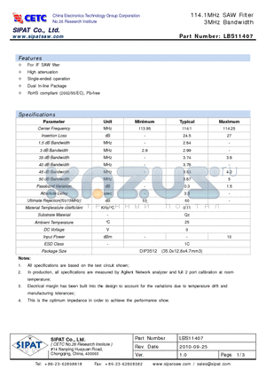 LBS11407 datasheet - 114.1MHz SAW Filter 3MHz Bandwidth