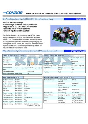GNT30 datasheet - Low Power Medical Power Supplies 30 Watt AC/DC Universal Input Power Supply