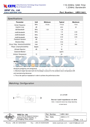 LBS11901 datasheet - 119.32MHz SAW Filter 1.23MHz Bandwidth
