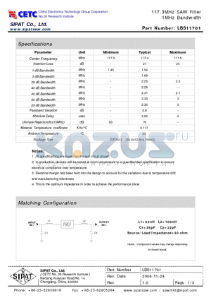 LBS11701 datasheet - 117.3MHz SAW Filter 1MHz Bandwidth