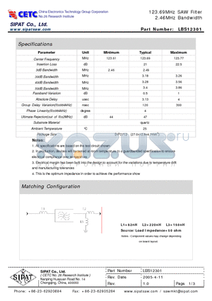 LBS12301 datasheet - 123.69MHz SAW Filter 2.46MHz Bandwidth