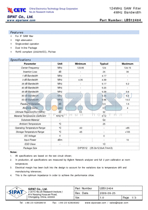 LBS12404 datasheet - 124MHz SAW Filter 4MHz Bandwidth