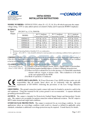 GNT60-12 datasheet - GNT60-X-YYYG, where X = 12, 15, 18, 24 or 48 which represents the output voltage rating, -YYY is value added options not related to Safety and G represents ROHS Compliance