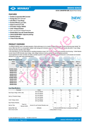 MKWI50-24S24 datasheet - DC/DC CONVERTER 50W Highest Power Density Smallest encapsulated 50W Converter