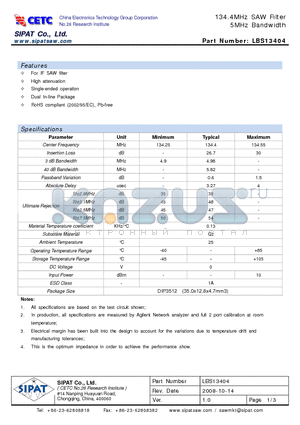 LBS13404 datasheet - 134.4MHz SAW Filter 5MHz Bandwidth