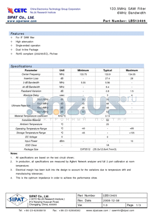 LBS13405 datasheet - 133.9MHz SAW Filter 6MHz Bandwidth