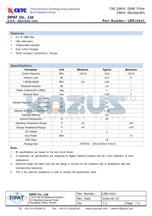 LBS13601 datasheet - 136.2MHz SAW Filter 3MHz Bandwidth