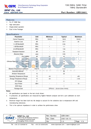 LBS13901 datasheet - 138.5MHz SAW Filter 1MHz Bandwidth