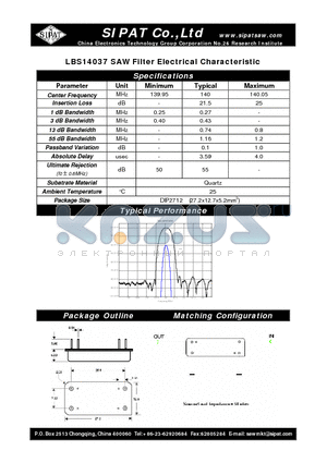 LBS14037 datasheet - SAW Filter Electrical Characteristic