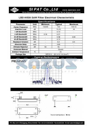 LBS14039 datasheet - SAW Filter Electrical Characteristic