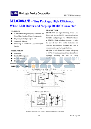 ML0308 datasheet - Tiny Package, High Efficiency, White LED Driver and Step-up DC/DC Converter