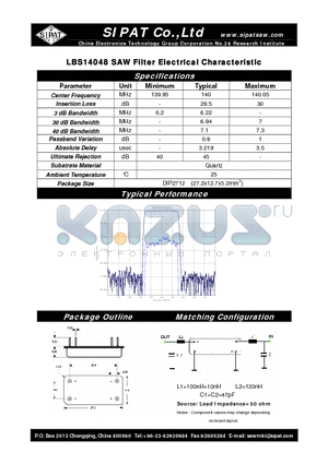 LBS14048 datasheet - SAW Filter Electrical Characteristic