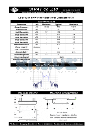 LBS14054 datasheet - SAW Filter Electrical Characteristic