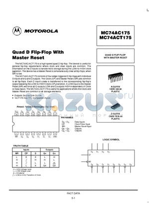 MC74ACT175 datasheet - QUAD D FLIP-FLOP WITH MASTER RESET