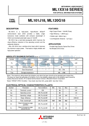 ML101J18 datasheet - MITSUBISHI LASER DIODES