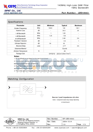 LBS14063 datasheet - 140MHz High-Loss SAW Filter 1MHz Bandwidth