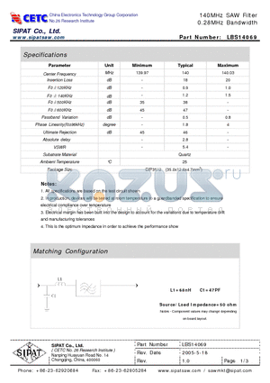 LBS14069 datasheet - 140MHz SAW Filter 0.28MHz Bandwidth