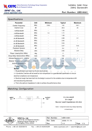 LBS14091 datasheet - 140MHz SAW Filter 2MHz Bandwidth
