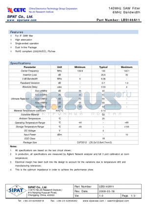 LBS140A11 datasheet - 140MHz SAW Filter 6MHz Bandwidth