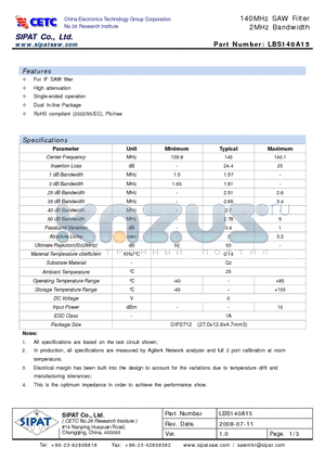 LBS140A15 datasheet - 140MHz SAW Filter 2MHz Bandwidth