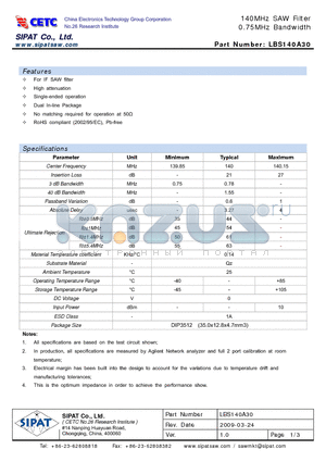 LBS140A30 datasheet - 140MHz SAW Filter 0.75MHz Bandwidth