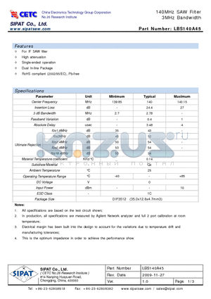 LBS140A45 datasheet - 140MHz SAW Filter 3MHz Bandwidth