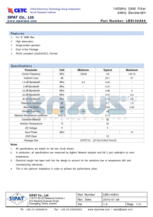 LBS140A55 datasheet - 140MHz SAW Filter 4MHz Bandwidth